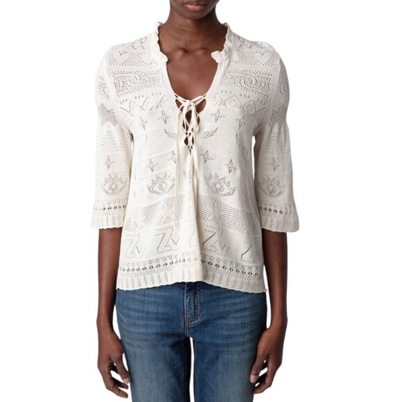 NWT Zadig & Voltaire Ecru Taho Co Dentelle Cotton Lace Sweater Medium Reg. $398 - Picture 1 of 12